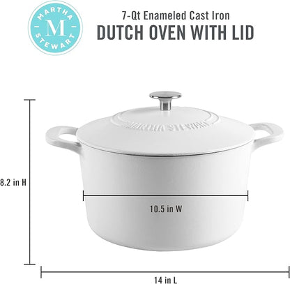 MARTHA STEWART Gatwick 7-Quart Enamel Cast Iron Dutch Oven Pot with Lid – Matte White – Durable Heavy-Duty Dutch Oven for Slow Cooking, Braising & Baking - Image 2