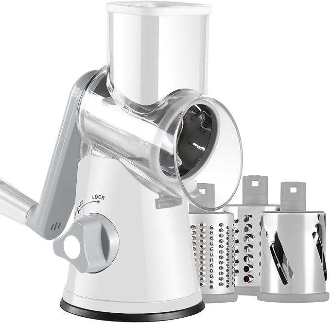 Rotary Cheese Grater with Handle, Kitchen Speed Hand Crank Vegetable Slicer, Potato Hash Brown Shredder Spinning Nut Grinder with 3 Replaceable Stainless Steel Drum Blades (White) by Ancevsk