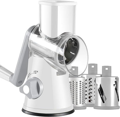 Rotary Cheese Grater with Handle, Kitchen Speed Hand Crank Vegetable Slicer, Potato Hash Brown Shredder Spinning Nut Grinder with 3 Replaceable Stainless Steel Drum Blades (White) by Ancevsk