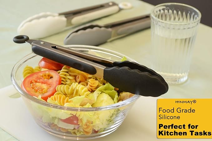 HINMAY 9-Inch Serving Tongs Silicone Tongs, Set of 3 (Black White Gray) - Image 6