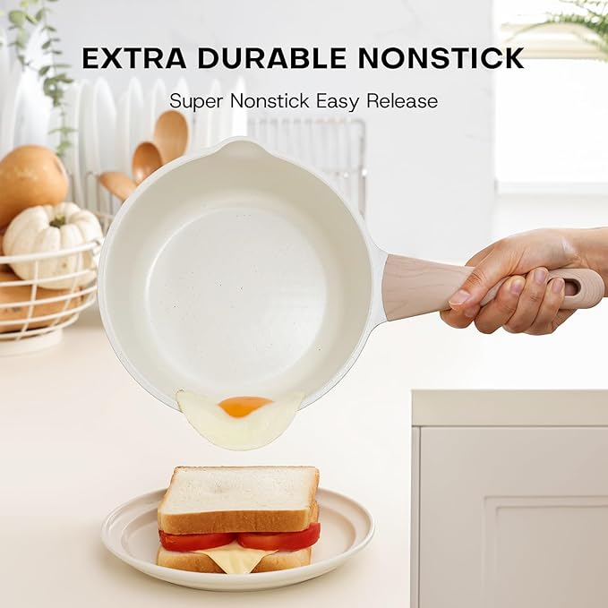 Kordisen Sauce Pan Set with Lid, 1.5Qt & 2.5 Qt Nonstick Cooking Pots with Pour Spout, Easy to Clean, Small Kitchen Induction Saucepan with Ceramic Coating, PFOA/PFOS Free (Cream) - Image 3