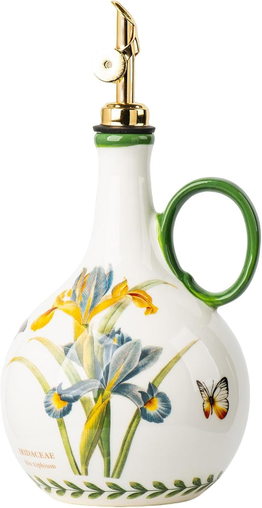 Ceramic Olive Oil Dispenser, 27 oz Floral Pattern Cruet with Auto-Close Spout, 9.45" Tall, Decorative Oil and Vinegar Bottle (iris)