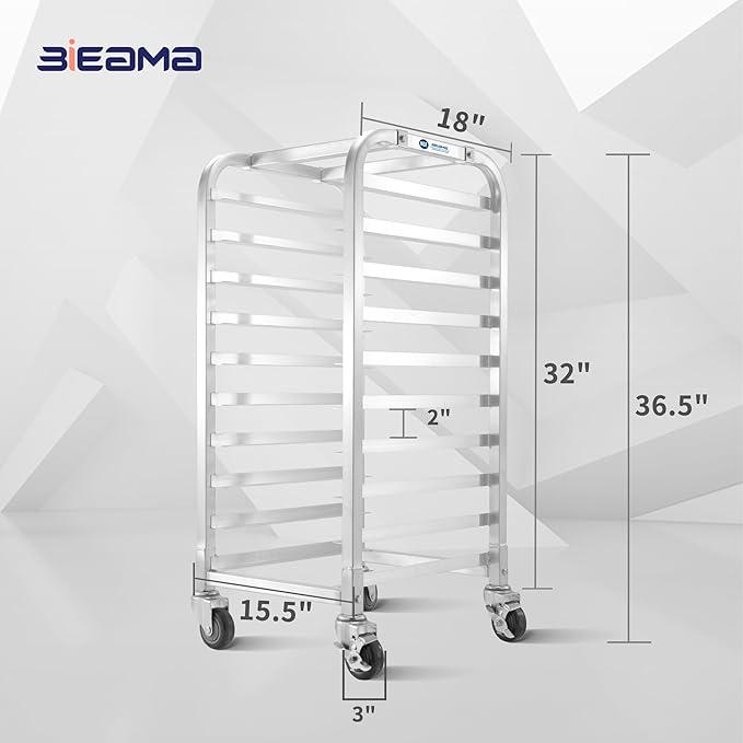 BIEAMA 10-Tier Half Sheet Pan Rack, NSF Bun Pan Rack, Aluminum Bakery Rack, Commercial Kitchen Bakery Cooling Rack, Speed Rack with 4 Wheels for 18" x 13" Sheet Pan - Image 2
