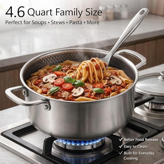 4.6 Qt Stainless Steel Stock Pot with Lid, 3-Ply 18/10 Hybrid Honeycomb Nonstick Soup Pot, 9.4 Inch Induction Pasta Pot for Simmering, Boiling & Stewing