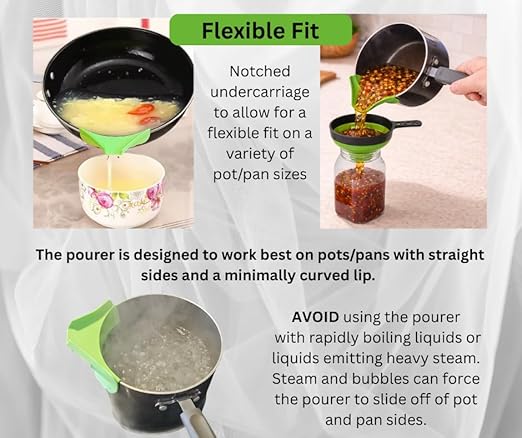 Collapsible Funnel Set of 3 | Silicone Pot Edge Soup Pour Spout | Food Grade Silicone Canning Funnels for Kitchen Use – Wide & Regular Mouth Mason Jars, |Canning, Easy Liquid Transfer