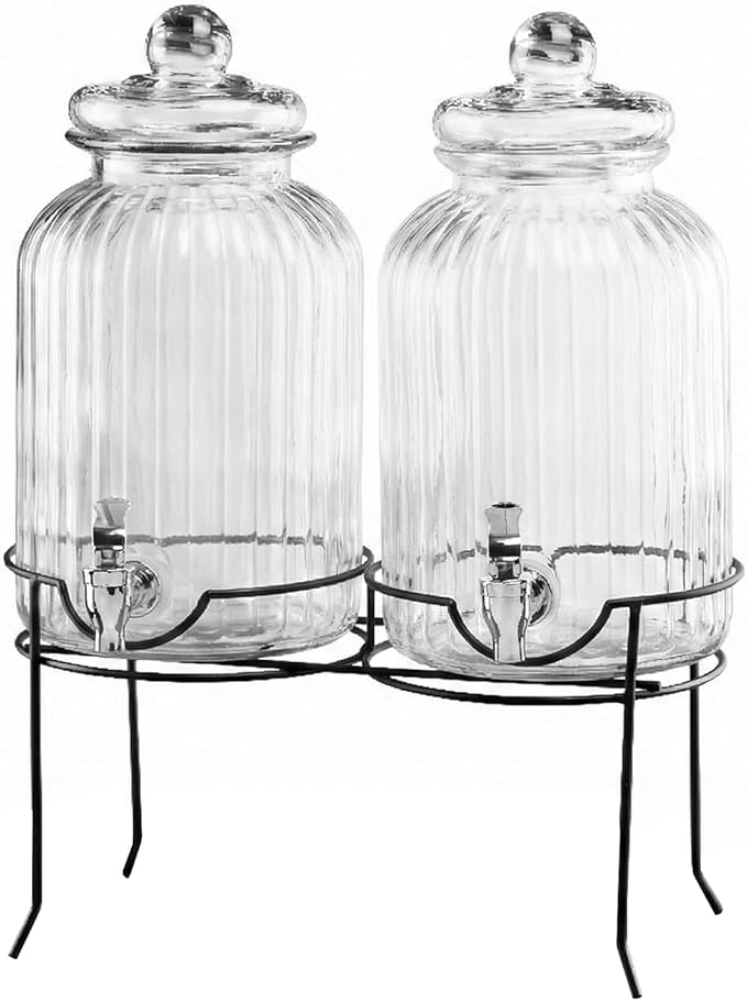 Style Setter Canyon Glass Beverage Dispenser with Stand Set of 2-1.3 Gallon Drink Dispenser with Stand & Spigot - Leak-Proof Lemonade Dispenser - Punch Dispenser for Parties, Weddings, Birthdays