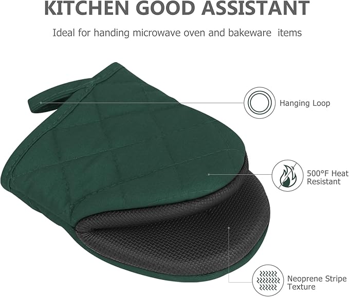1 Pair Short Oven Mitts - Silicone Kitchen Oven Gloves High Heat Resistant 500℉, Mini Oven Mits with Non-Slip Grip Surfaces and Hanging Loop for BBQ, Baking, Cooking and Grilling (ArmyGreen) - Image 4