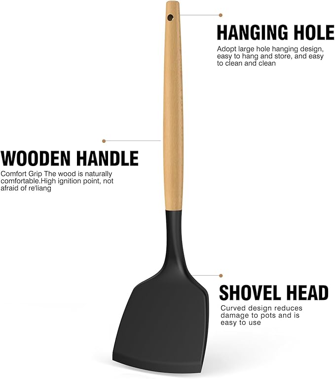Silicone Cooking Utensils Set Utensil Sets - 446°F Heat Resistant Silicone Kitchen Utensils Set Wooden Handles, Silicone Utensils for Cooking w Holder for Non-Stick Cookware BPA FREE (Black) - Image 7