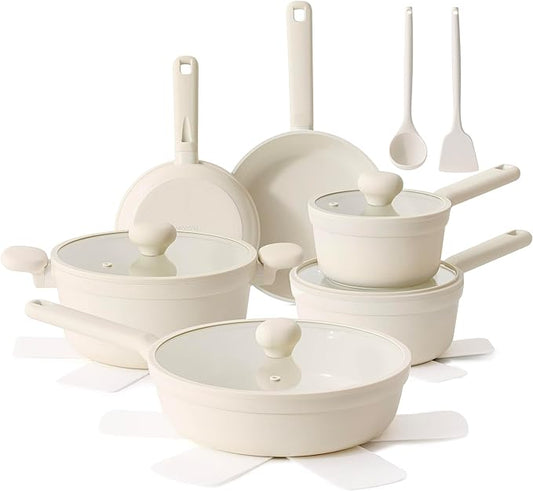 SENSARTE Ceramic Nonstick Pots and Pans Set 17pcs, Healthy Induction Cookware Set, Nontoxic Kitchen Cooking Set with Skillets & Saucepans, Stay-cool Handles, PFAS PTFE PFOA PFOS Free, Cream White