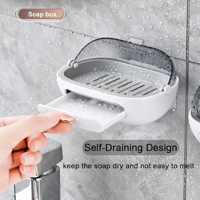 1Pc Shower Soap Dish Holder with Lid, Bar Soap Holder with Drain, Wall Mounted Soap Box Container for Shower, Bathroom, Bathtub, Kitchen Sink, Adhesive Included