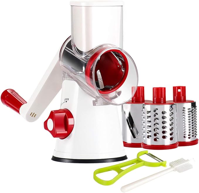Ourokhome Rotary Cheese Grater Hand Crank, Kitchen Shredder Speed Mandolin Slicer Nuts Grinder with Handle and Drum Blades for Cheese, Vegetable, Chocolate, Potato, Carrot, 3 Blades, White Red by Ourokhome