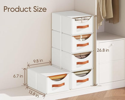 Homsorout Stackable Storage Drawers - Collapsible Storage Bins with Drawers, 4 Pack Closet Shelf Organizer Basket, Fabric Pull Out Organizer for Bedroom, Living Room, Dorm, White