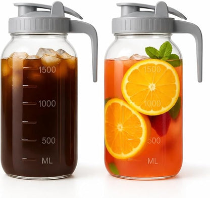2 Pack - 64oz Glass Pitcher with Lid Wide Mouth, 2 Quart (1.9 Liter) Mason Jar Pitcher with Lid and Spout, Leakproof Water Jug for Water, Juice, Tea, Iced Coffee, Milk Storage by VA1KENE