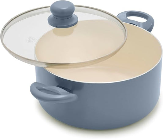 GreenLife 5 Quart Nonstick Stock Pot with Lid, Non-Toxic Ceramic Pot, Dishwasher Safe, Induction Ready, Fast Heating, Stay-Cool Handles, Kitchen Casserole, Soup, Pasta, Easy Clean, Slate Blue