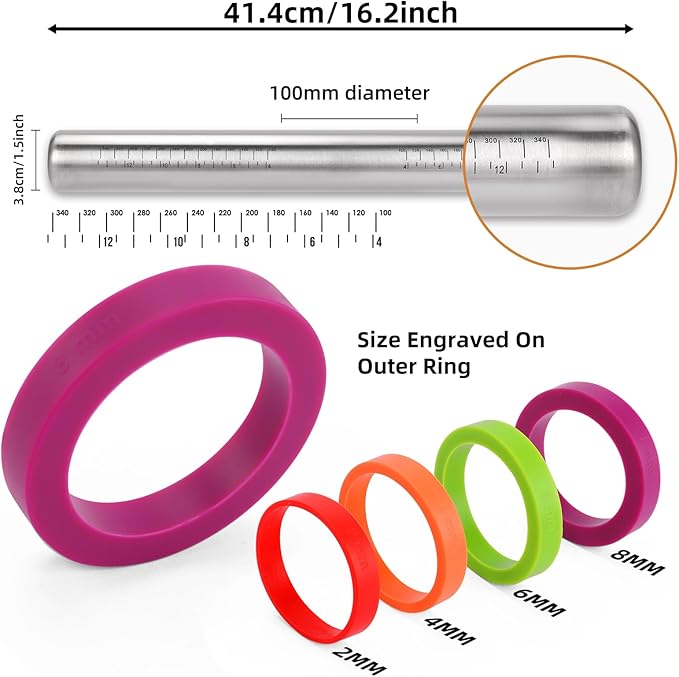 Stainless Steel Rolling Pin with Adjustable Thickness Rings - 4 Interchangeable Sizing Bands for Dumplings/Pasta/Cookies - Nonstick Kitchen Baking Tool - Image 2