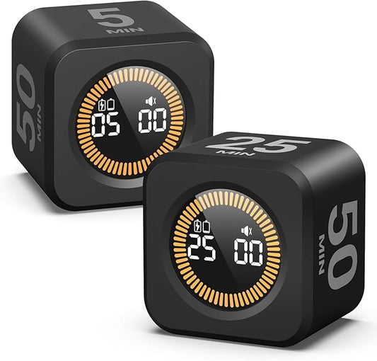 2 Pack - KADAMS Pomodoro Cube Timer Productivity Visual Timer - 5/10/25/50 Min Rotating Countdown (2, Black)