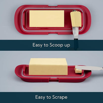 KITCHENDAO One-handed Airtight Butter Dish with Lid for Countertop and Refrigerator Door Shelf, Butter Holder with One Press to Open/Close Secure Latching Buckle for West/East Coast Butter (Red)