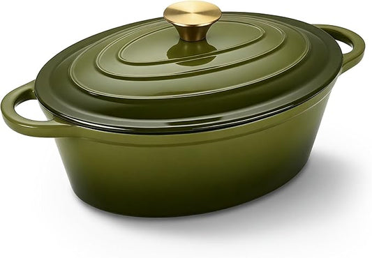 Oval Dutch Oven for Bread Baking, 4.5 Quart Non Stick Enameled Cast Iron Dutch Oven Pot with Lid, Oven Safe Oval Casserole with Lid up to 500°F for Baking, Braising, Stews, Roasting, Golden Green