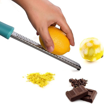 8-Inch Lemon Zester & Cheese Grater 18/8 Stainless Steel Citrus Zester for Lemon, Lime, Parmesan, Garlic & Ginger 8’’ Long Razor Sharp Blade, Ergonomic Non‑Slip Handle with Protective Cover, Blue