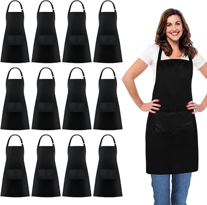 Jubatus 12 Pack 100% Cotton Aprons Bulk with 2 Pockets Cooking Chef Kitchen Adjustable Bib Apron for Women Men, Black by Jubatus