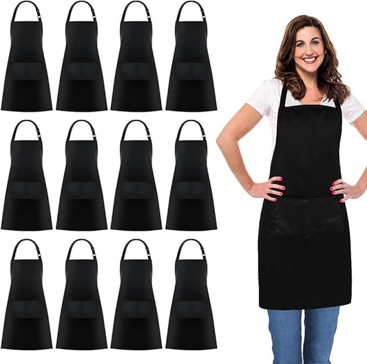 Jubatus 12 Pack 100% Cotton Aprons Bulk with 2 Pockets Cooking Chef Kitchen Adjustable Bib Apron for Women Men, Black by Jubatus