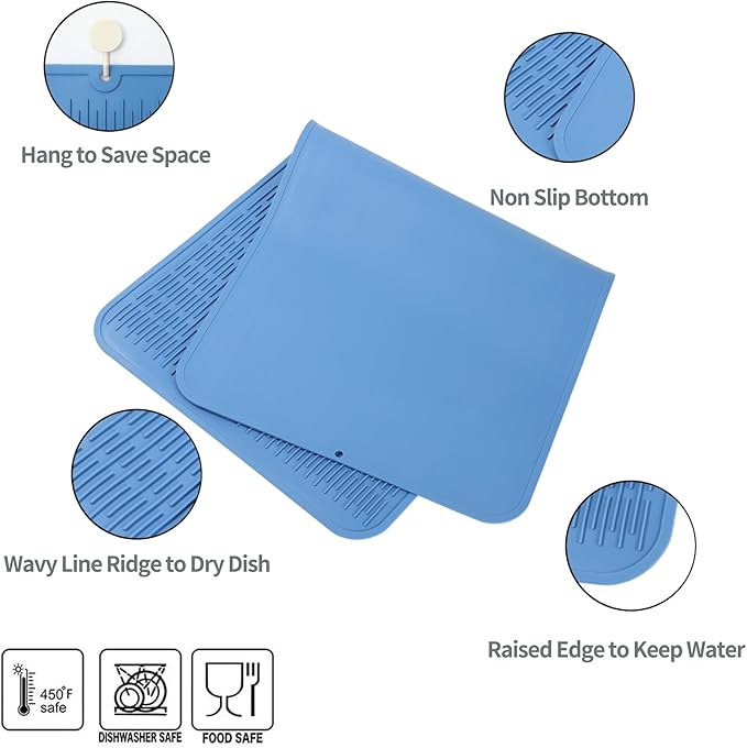 MicoYang Silicone Dish Drying Mat for Multiple Usage,Easy clean,Eco-friendly,Heat-resistant Silicone Mat for Kitchen Counter or Sink,Refrigerator or Drawer Liner Lichen BlueL 5XL 36inches x 18inches - Image 3