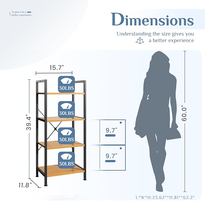 DUMOS 4 Tiers Bookshelf, Classical Book Shelf, Tall Display Shelves in Living Room/Home/Office, Storage Organizer for CDs/Books/Movies, Wood - Image 3
