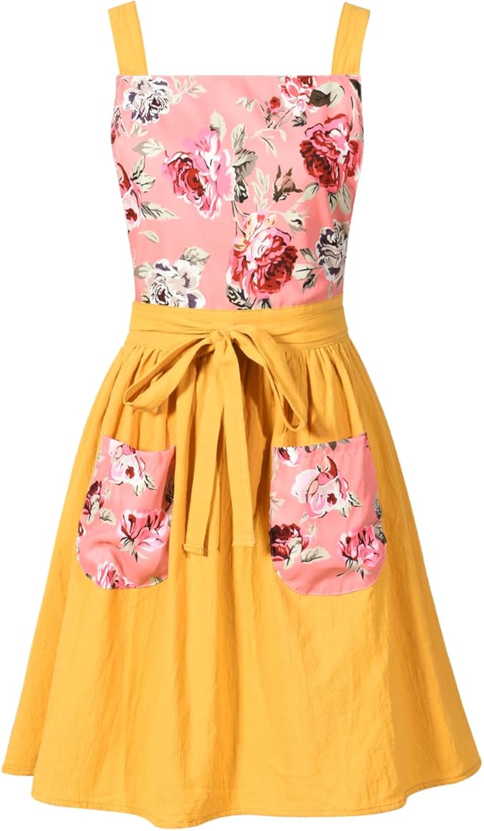 Pinknoke Vintage Pinafore Apron Dress for Women with Pockets Cute Floral Chef Aprons for Kitchen Cooking Baking Gardening by Pinknoke