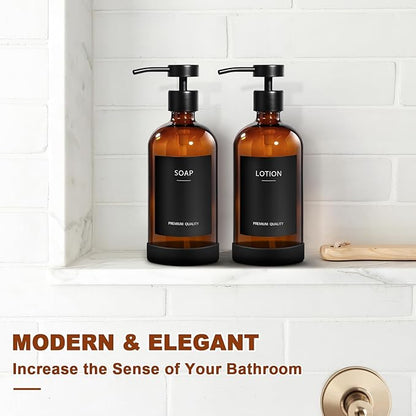 RYTOXILO Hand Soap Dispenser for Bathroom 2 Pack, Amber Glass Soap Dispenser with Stainless Steel Pump, 16.9 Fl oz Hand and Dish Soap Dispensers Set Kitchen, Modern Brown Soap Lotion Dispensers Bottle - Image 7