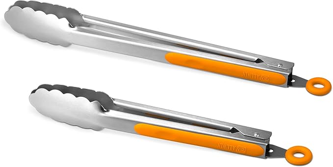 Premium 304 Stainless Steel Tongs Set – 12" Grill Tongs & 9" Cooking Tongs, Heat Resistant up to 600°F, Wavy Grip Head, Non‑Slip Handle with Locking Clip & Hanging Loop, Dishwasher Safe, Orange by ALLWIN-HOUSEWARE