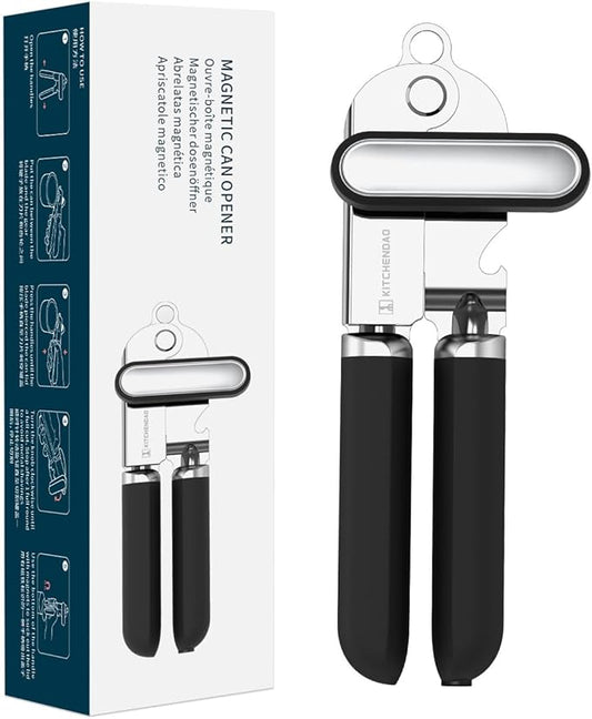 KITCHENDAO Manual Can Opener, Super Sharp Sandvik 12C27 Blade, Handheld Can Opener with Magnet, Smooth Edge Cut, Soft Grip, Oversized Knob for Seniors & Arthritis, Easy to Use, Black