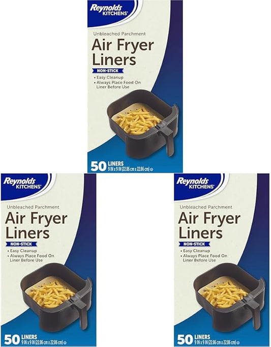 Reynolds Kitchens Air Fryer Liners Disposable, Unbleached Parchment Paper Sheets, 50 Count (Pack of 3) by ReynoldsConsumerProducts