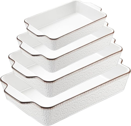 ONEMORE Casserole Dishes for Oven, Ceramic Baking Dish Set of 4, Non-Stick Lasagna Pans with Handles, Rectangular Bakeware Set for Cake, Roasting, Broiling, Gratin, Banquet, Microwave & Dishwasher Safe(3.8/2.6/1.7/1.1 Qt) (White 01) by ONEMORECeramics