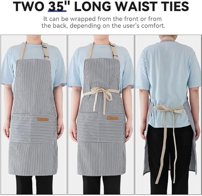 NLUS 2 Pack Kitchen Cooking Aprons, Adjustable Bib Soft Chef Apron with 2 Pockets for Men Women (Blue Pinstripes/Pink Pinstripes) - Image 5