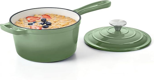Homikit 2 Quart Saucepan with Lid, Enameled Cast Iron Small Sauce Pan Cooking Pot for Soup, Milk, Pasta, Nonstick Enamel Dutch Oven for All Cooktops, Heat Resistant Up to 500°F, Sage Green
