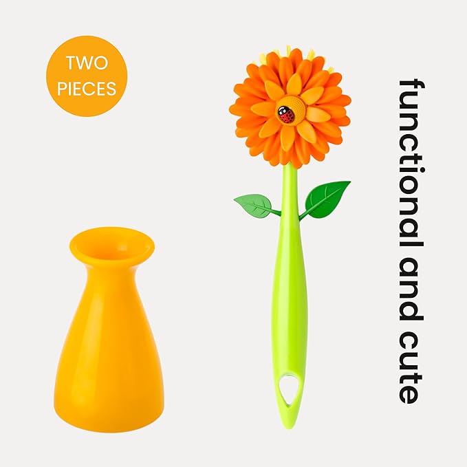 Vigar Flower Power Dish Brush with Handle and Vase Dish Brush Holder, Kitchen Scrub Brush for Pot Scrubber, Dishes, and Sink Cleaning, Orange, Green - Image 7
