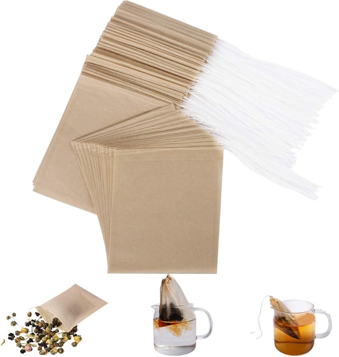 Aksuaple Eco-Fil Disposable Tea Filter Bags for Loose Tea, Wood Pulp Material, Biodegradable and Compostable, Unbleached Empty Tea Infuser Sachets with Drawstring, 100 Pack (3.2inch x 4.0inch) by Aksuaple