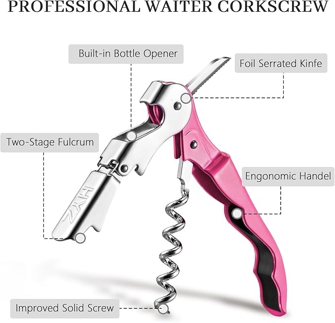 HYZ 2-Pack Wine Opener Waiter Corkscrew, Professional Wine Key for Servers, Bartender with Foil Cutter, Manual Wine Bottle Opener Double Hinged (Rosy) - Image 2