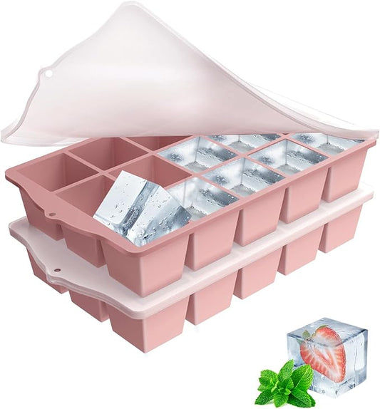 Ice Cube Trays for Freezer, 2 Pack Easy Release Slicone Ice Cube Tray with Lid, BPA Free Stackable Flexible Ice Molds 15 Square Reusable Ice Cubes for Whiskey, Baby Food, Iced Coffee (Pink) by Unknown