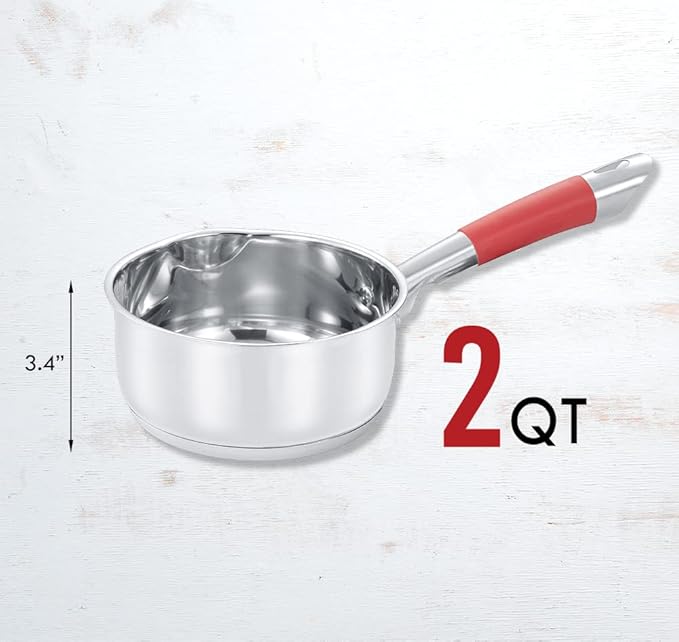 Concord 2 Quart Stainless Steel Saucepan with SIMPLE POUR Vented Glass Lid. Features Dual Pouring Spouts and Volume Marking. Perfect for making Sauces, Jam, Ramen, and more