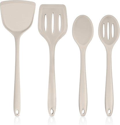 TeamFar Cooking Utensils Set of 4, Silicone Kitchen Utensils, Solid & Slotted Spoons Turners for Cooking/Serving/Frying, Healthy & Seamless Design, Heat-Resistant & Non-Scratch, Dishwasher Safe, Khaki by TeamFar