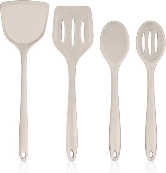 TeamFar Cooking Utensils Set of 4, Silicone Kitchen Utensils, Solid & Slotted Spoons Turners for Cooking/Serving/Frying, Healthy & Seamless Design, Heat-Resistant & Non-Scratch, Dishwasher Safe, Khaki by TeamFar