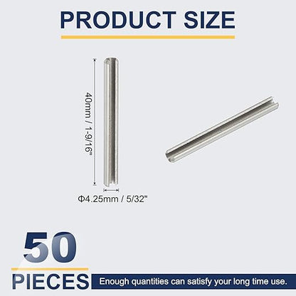 PATIKIL Slotted Spring Pin, 50 Pcs 5/32" x 1-9/16" (4.25mm x 40mm) 304 Stainless Steel Split Roll Pins Spring Dowel for Home Improvement Automotive Machine Repair, Silver