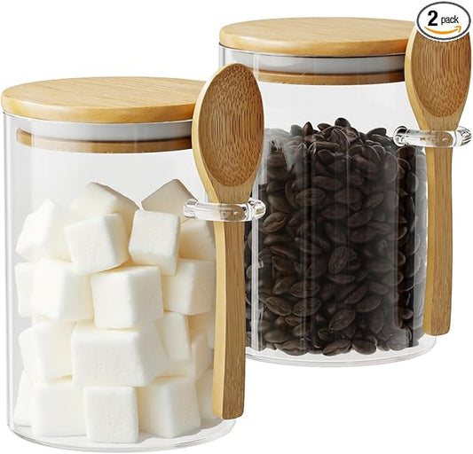 Glass Sugar Container with Spoon - 2 Pack 15oz Glass Jars with Bamboo Lid and Spoon, Bamboo Lid Storage Jar Canister for Coffee Beans, Spice, Brown Sugar, Tea, Flour, Nuts, Candy, Salts and More by OneDream