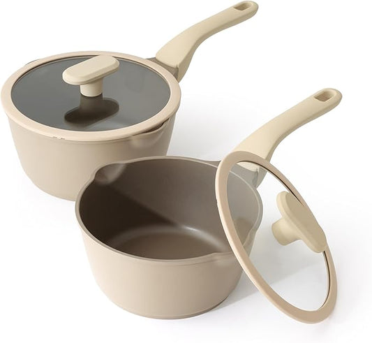 PRICUSIS Nonstick Saucepan Set with Lids, 2QT and 2.7QT Sauce Pan Set, Non Toxic Sauce Pots with Pour Spouts for Multipurpose Use, PFOA Free, Induction Compatible Apricot by PRICUSIS