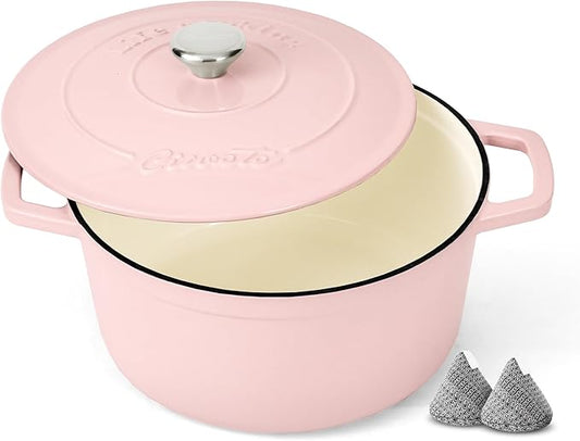 Ciwete Enameled Cast Iron Dutch Oven – 4.4 Quart Pot with Lid & Potholders – Heavy-Duty Cookware for Bread Baking, Braising, Stews & Roasting – Oven & Stovetop Safe up to 500°F – Pink