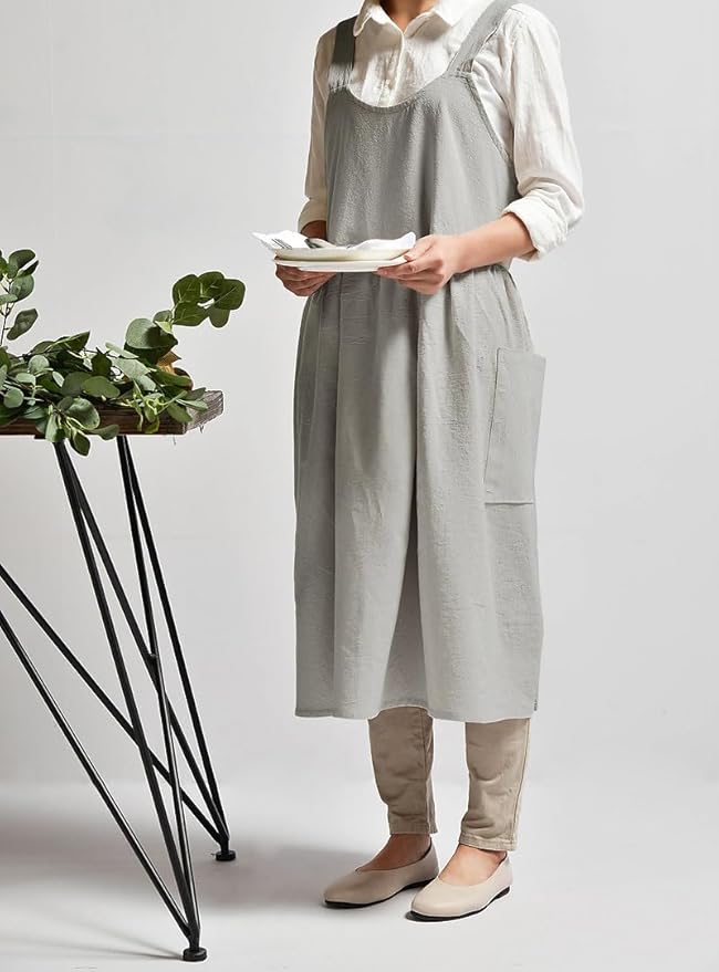 Uaussi Cotton Linen Apron Cross Back Work Apron for Women with Pockets Pinafore Dress X Cross Halter Apron for Chef Gardening - Image 5