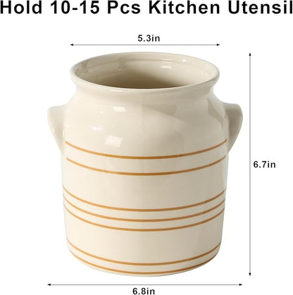 Ceramic Farmhouse Kitchen Utensil Holder for Countertop, Rustic Cooking Utensil Holder Crock Fit for Kitchen Counter. 6*6.8*6.7 IN - Image 2