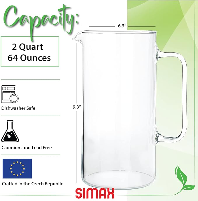 Simax Glass Pitcher, 64 Ounce (2 Quart) Borosilicate Glass, Made in Europe Hot and Cold Safe Iced Tea Pitchers for Drinks, Water, Lemonade Pitcher, Cocktail Jug, Sangria Pitchers - Image 2