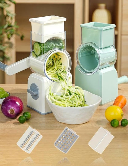 Rotary Cheese Grater with Hand Crank, Multi-Purpose Shredder Slicer with 3 Interchangeable Stainless Steel Blades for Shredding, Slicing, and Grating Cheese, Vegetables, and Fruit (Beige) - Image 2